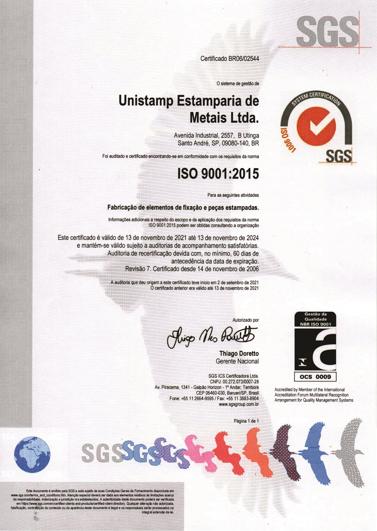 Certificado ISO 9001 Unistamp Metais